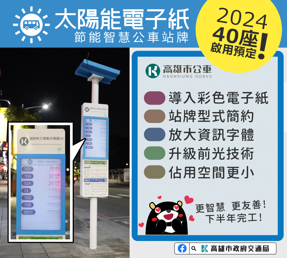 Kaohsiung Will Install 40 Solar-powered E-paper Smart Bus Stops with Central Government Subsidies